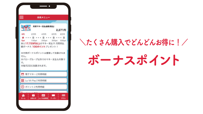 ボーナスポイント:たくさん購入でどんどんお得に!月間マネー支払額によってボーナスポイントがもらえます!たくさん購入することでどんどんお得になります!